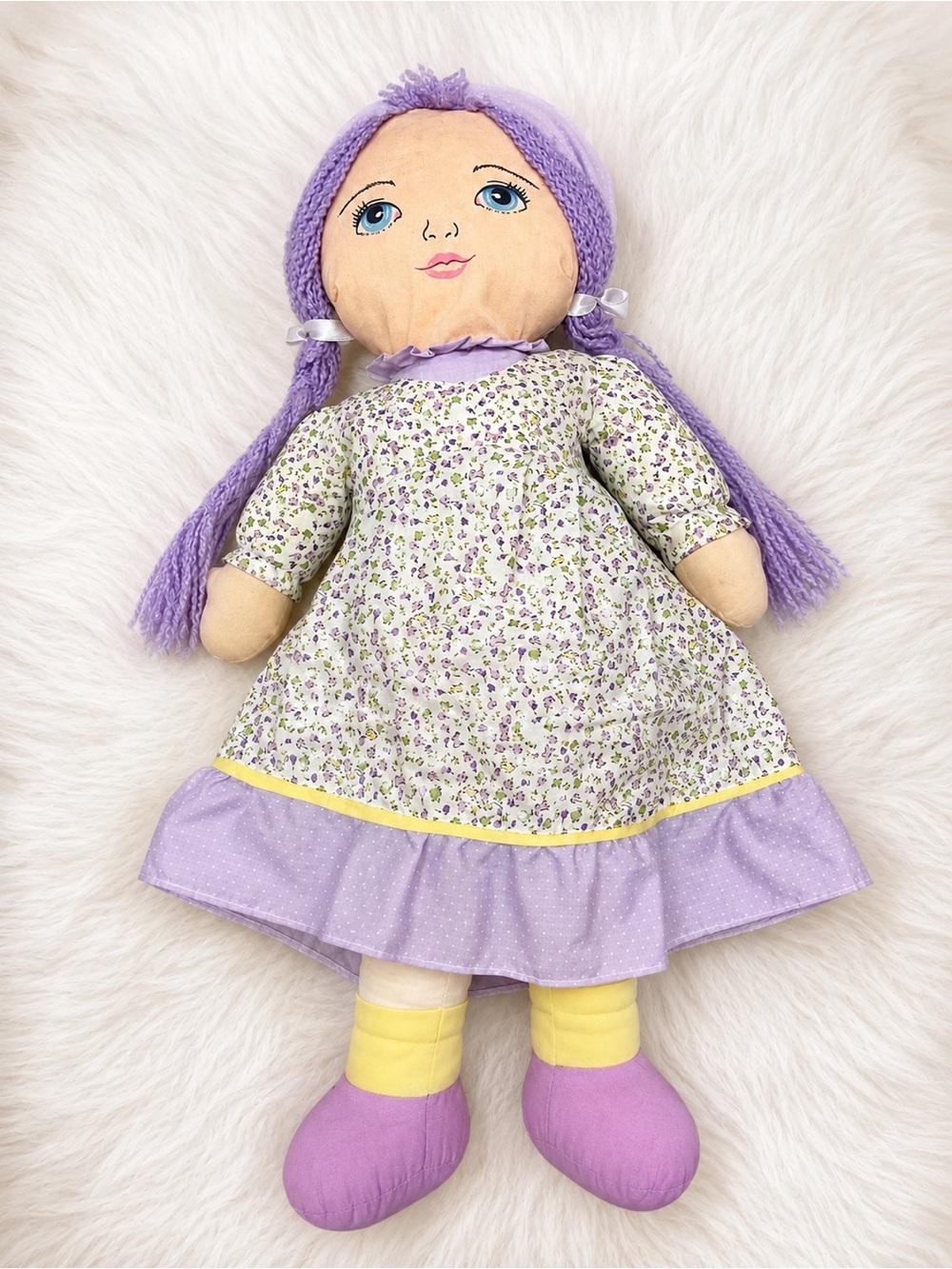 Vintage Cuddle Wit 40” Rag Doll Purple Yarn Hair Floral Dress Soft Cloth Plush